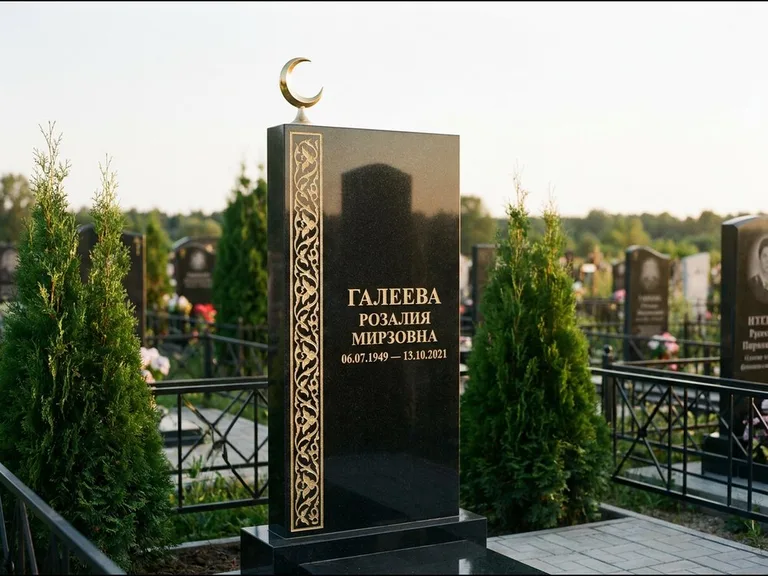 Памятник с гравировкой полумесяца — золочёный полумесяц и колонна растительного орнамента-ислими, работа «Галеева» в Пензе