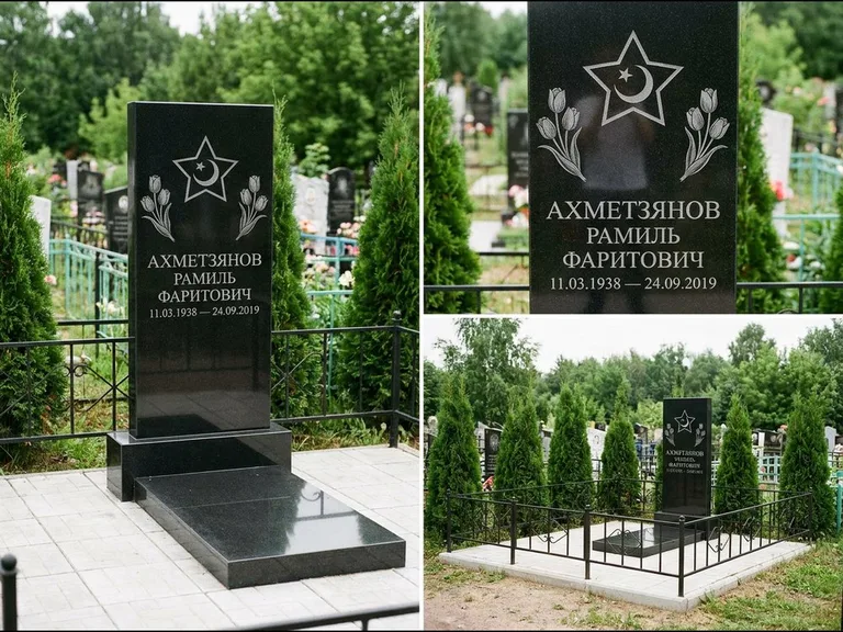 Памятник с гравировкой полумесяца — гравировка полумесяца со звездой и тюльпанами по бокам, работа «Ахметзянов» в Пензе