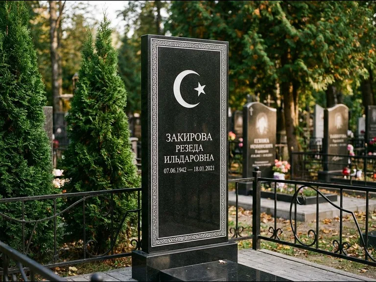 Памятник с гравировкой полумесяца — строгая белая гравировка полумесяца со звездой и орнаменталь, работа «Закирова» в Пензе