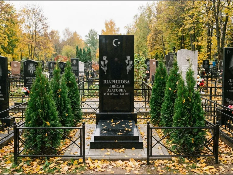 Памятник с гравировкой полумесяца — гравировка полумесяца со звездой и тюльпанами по бокам, работа «Шарипова» в Пензе