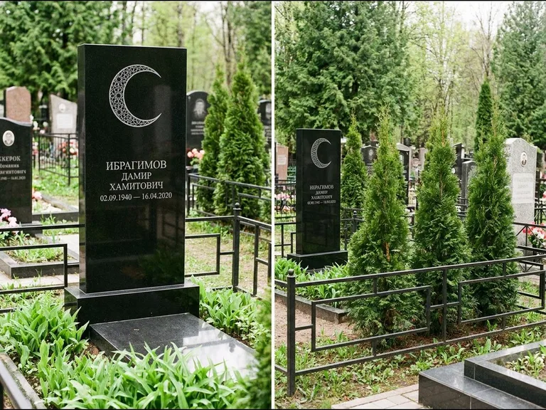 Памятник с гравировкой полумесяца — гравировка полумесяца в геометрическом орнаменте-гирихе, работа «Ибрагимов» в Пензе