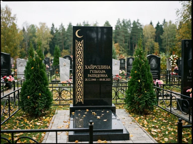 Памятник с гравировкой полумесяца — золочёный полумесяц и колонна растительного орнамента-ислими, работа «Хайруллина» в Пензе