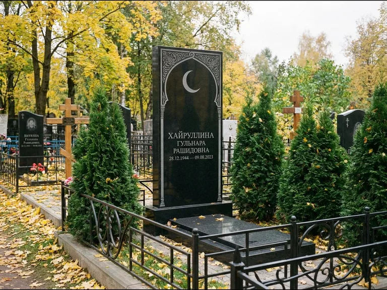 Памятник с гравировкой полумесяца — гравировка полумесяца в восточной арке с орнаментом, работа «Хайруллина» в Пензе
