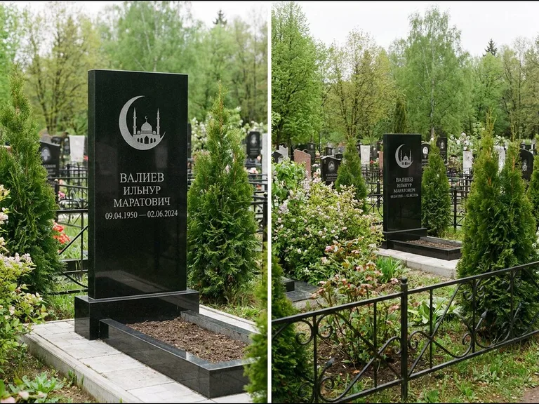 Памятник с гравировкой полумесяца — гравировка полумесяца над силуэтом мечети, работа «Валиев» в Пензе