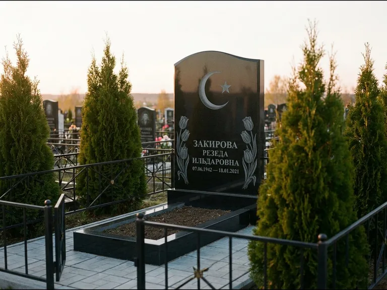 Памятник с гравировкой полумесяца — гравировка полумесяца со звездой и тюльпанами по бокам, работа «Закирова» в Пензе