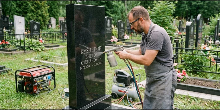 Гравировка на памятнике с выездом на кладбище в Пензе — мастер гравирует установленный памятник