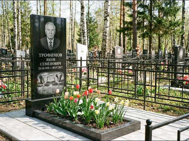Памятник с гравировкой журавлей — гравировка пары журавлей над гладью озера в нижней части, работа «Трофимов» в Пензе