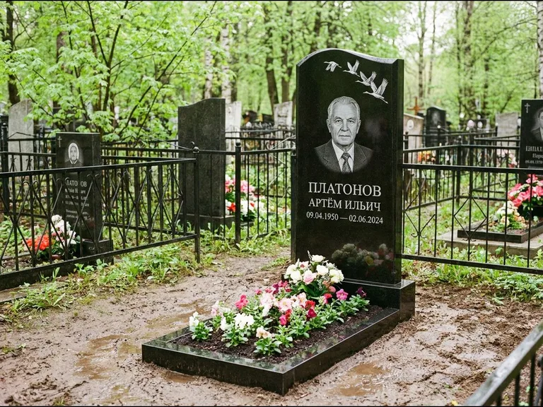 Памятник с гравировкой журавлей — белая гравировка клина журавлей, уходящего в верхний угол ст, работа «Платонов» в Пензе