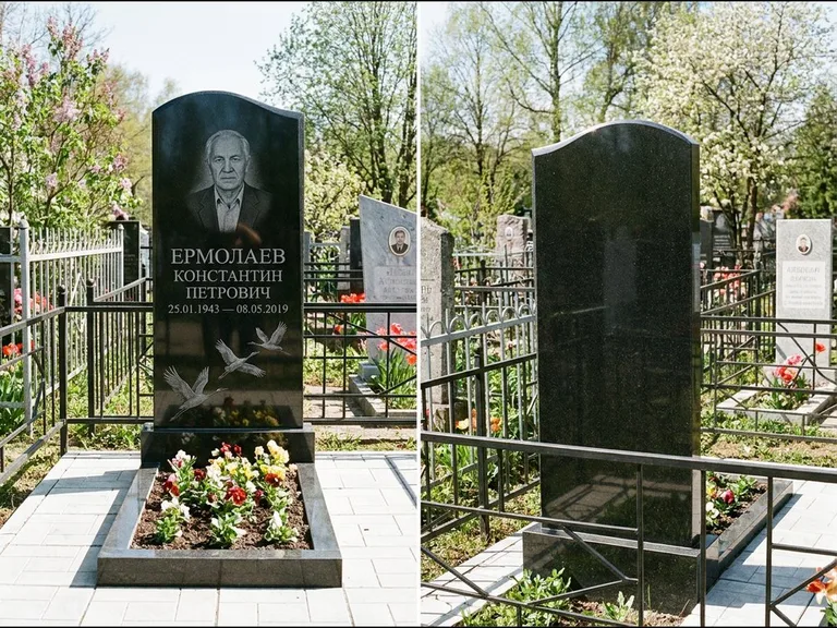 Памятник с гравировкой журавлей — гравировка трёх журавлей по диагонали через свободное поле с, работа «Ермолаев» в Пензе