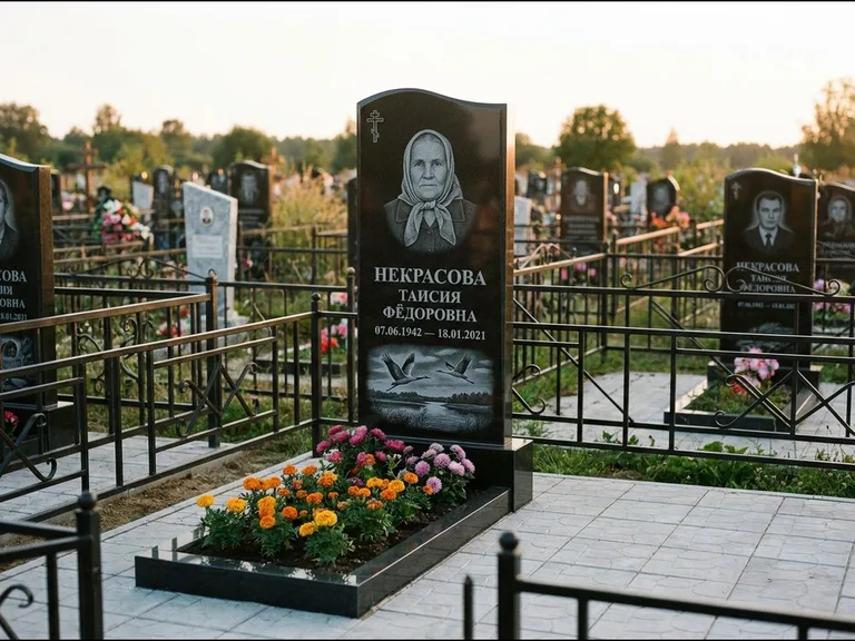 Памятник с гравировкой журавлей — гравировка пары журавлей над гладью озера в нижней части, работа «Некрасова» в Пензе