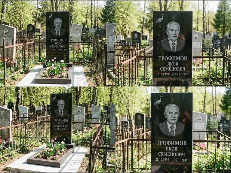 Памятник с гравировкой журавлей — гравировка одиночного летящего журавля над портретом, работа «Трофимов» в Пензе
