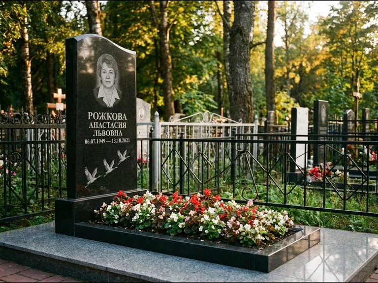 Памятник с гравировкой журавлей — гравировка трёх журавлей по диагонали через свободное поле с, работа «Рожкова» в Пензе