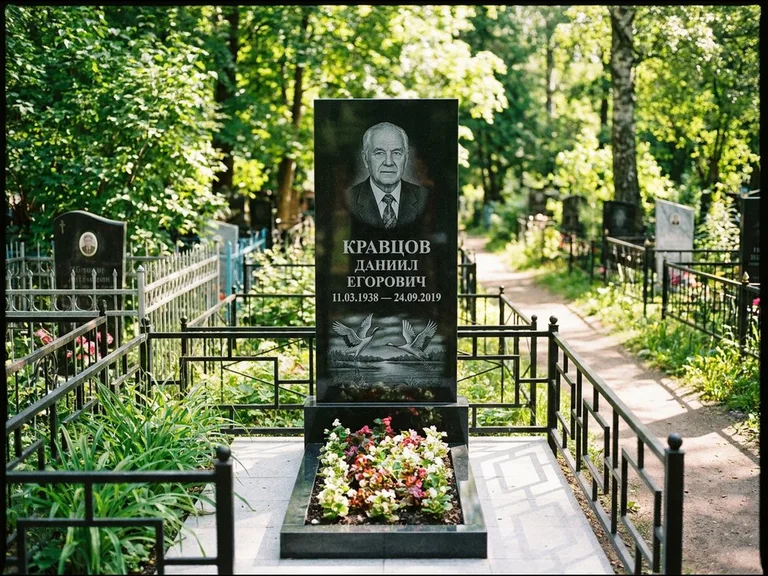 Памятник с гравировкой журавлей — гравировка пары журавлей над гладью озера в нижней части, работа «Кравцов» в Пензе