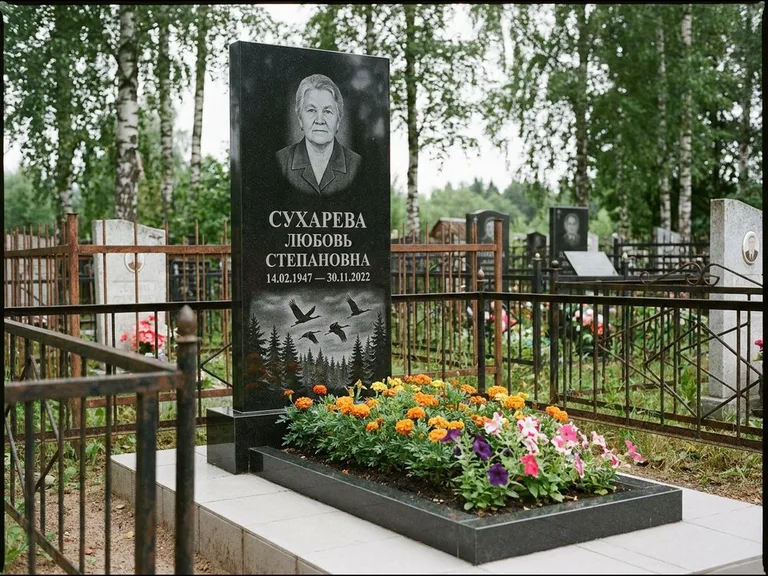 Памятник с гравировкой журавлей — гравировка силуэтов журавлей над еловым лесом, работа «Сухарева» в Пензе