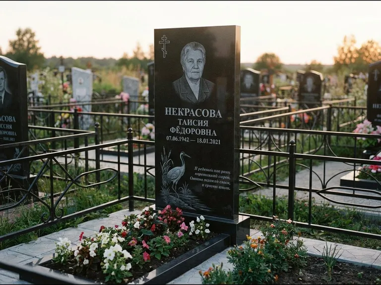 Памятник с гравировкой журавлей — гравировка журавля у камышей рядом с эпитафией, работа «Некрасова» в Пензе