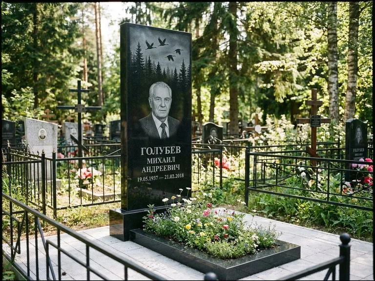Памятник с гравировкой журавлей — гравировка силуэтов журавлей над еловым лесом, работа «Голубев» в Пензе