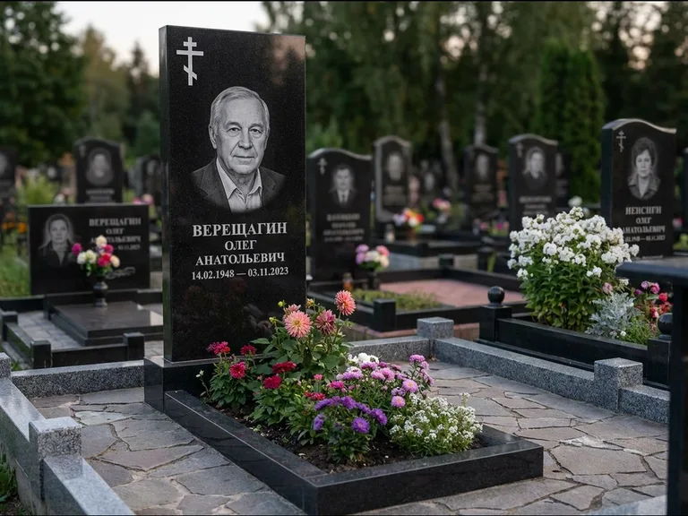 Памятник из чёрного гранита — горизонтальная плита-стела с православным восьмиконечным крестом, работа «Тихонов» в Пензе