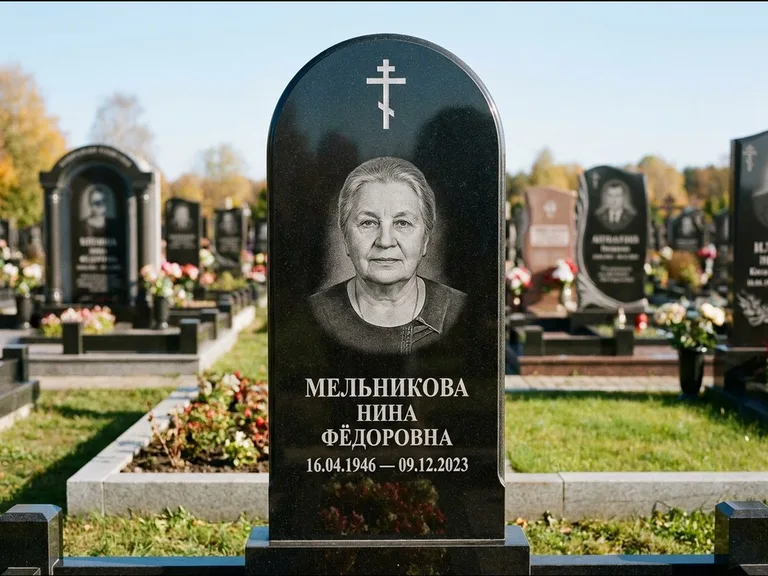 Памятник из чёрного гранита — стела с резным навершием с латинским крестом, работа «Савельева» в Пензе