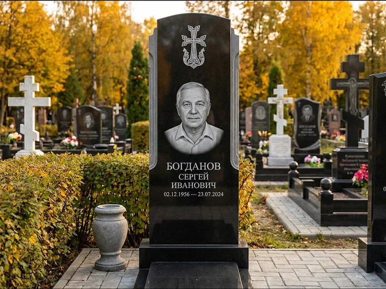 Памятник из чёрного гранита — круглая стела-медальон с армянским хачкаром, работа «Ковалёв» в Пензе