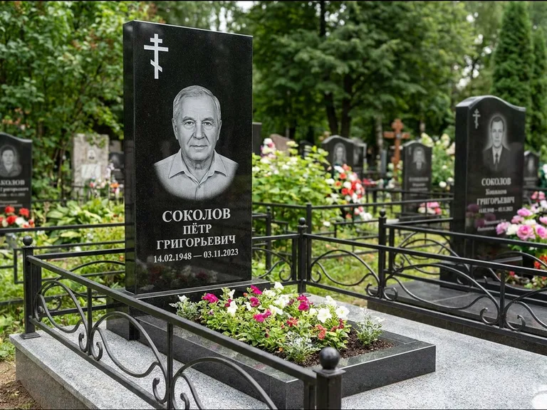 Памятник из чёрного гранита — стела с арочным верхом с православным восьмиконечным крестом, работа «Ковалёв» в Пензе