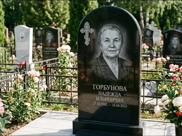 Памятник из чёрного гранита — стела с боковой колонной с крестом в лучах, работа «Мельникова» в Пензе