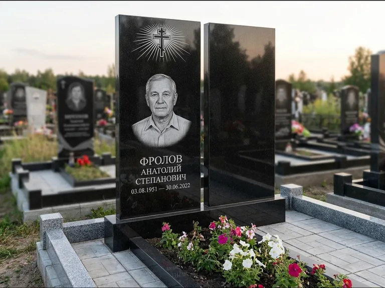 Памятник из чёрного гранита — стела на ступенчатом постаменте с золочёным крестом, работа «Богданов» в Пензе