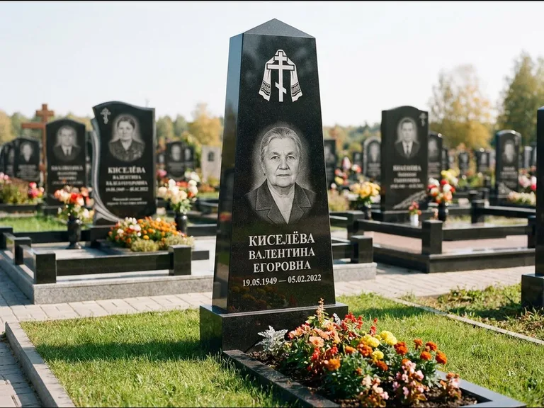 Памятник из чёрного гранита — стела со скошенным верхом с ажурным резным крестом, работа «Селезнёва» в Пензе