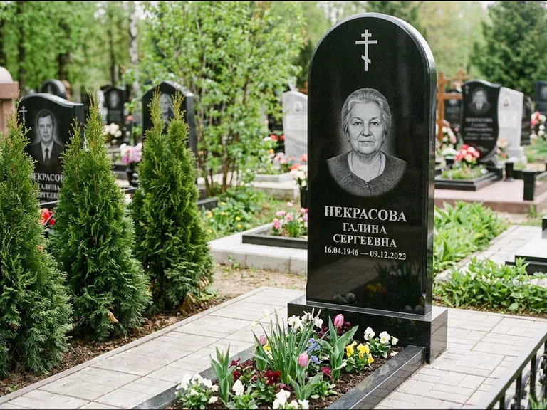 Памятник из чёрного гранита — стела с цветником-плитой с латинским крестом, работа «Лаврентьева» в Пензе