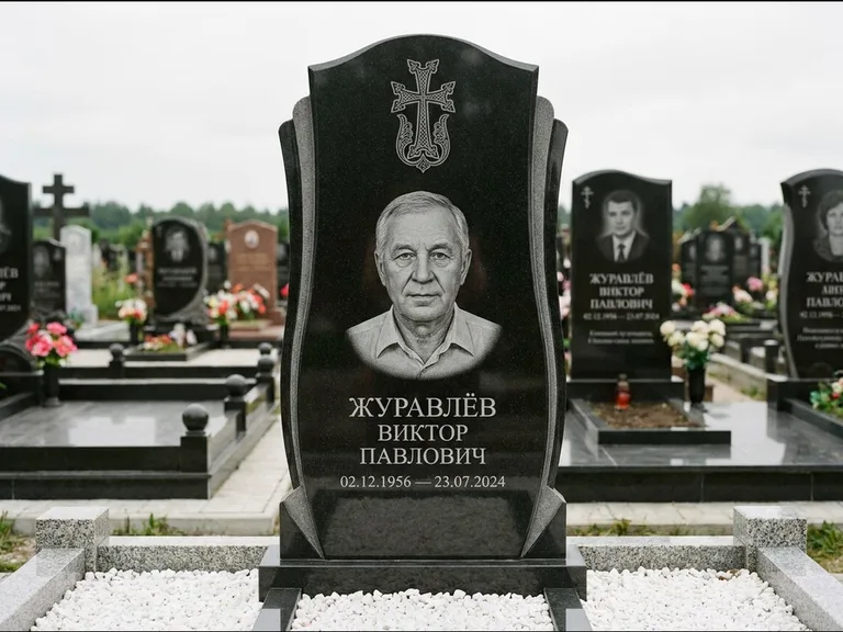 Памятник из чёрного гранита — панорамная стела с армянским хачкаром, работа «Тихонов» в Пензе