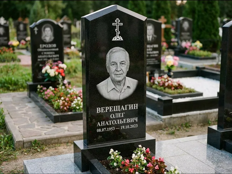 Памятник из чёрного гранита — обелиск-колонна с крестом на Голгофе, работа «Ковалёв» в Пензе