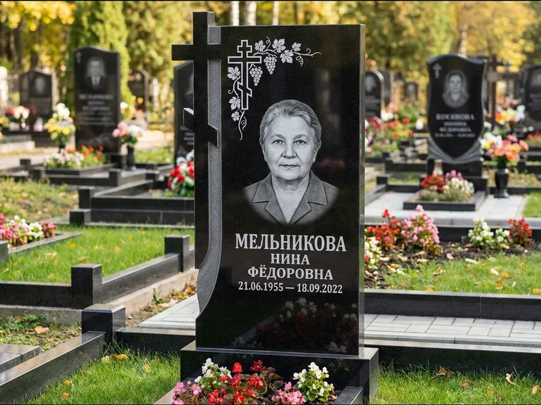 Памятник из чёрного гранита — стела с резной рамкой с крестом с распятием, работа «Некрасова» в Пензе