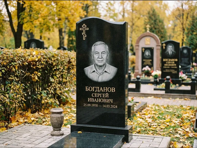 Памятник из чёрного гранита — стела с цветником с процветшим крестом с виноградной лозой, работа «Журавлёв» в Пензе