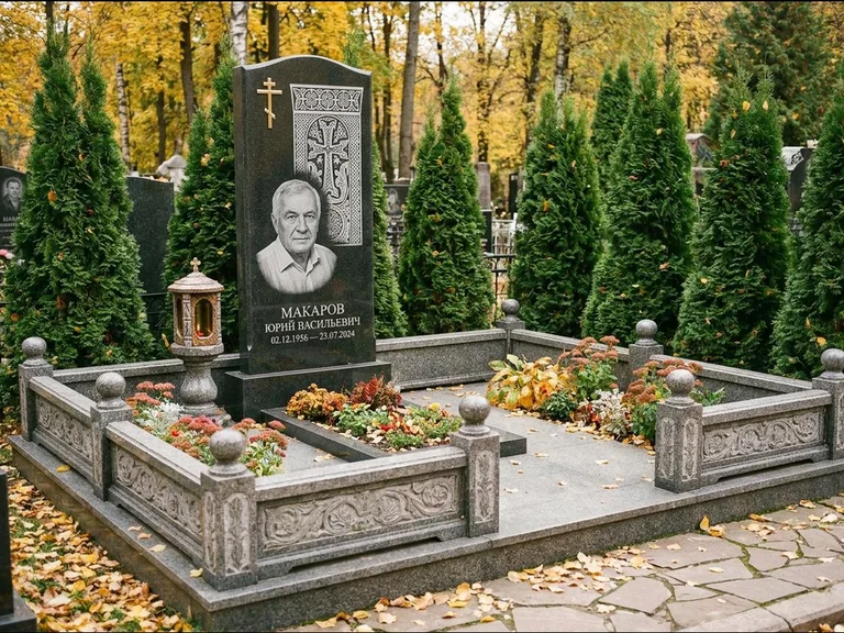 Памятник из чёрного гранита — стела с крестом и лампадой с армянским хачкаром, работа «Гущин» в Пензе