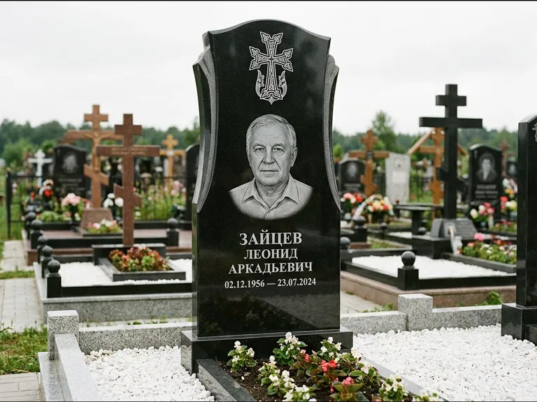 Памятник из чёрного гранита — семейная стела на двоих с армянским хачкаром, работа «Журавлёв» в Пензе