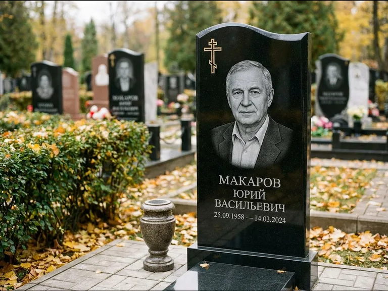 Памятник из чёрного гранита — фигурная стела с киот-нишей с процветшим крестом с виноградной лозой, работа «Богданов» в Пензе