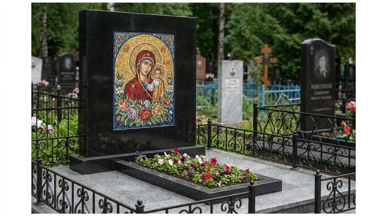 Мозаика на памятник в Пензе — цветное панно из смальты на чёрной гранитной стеле