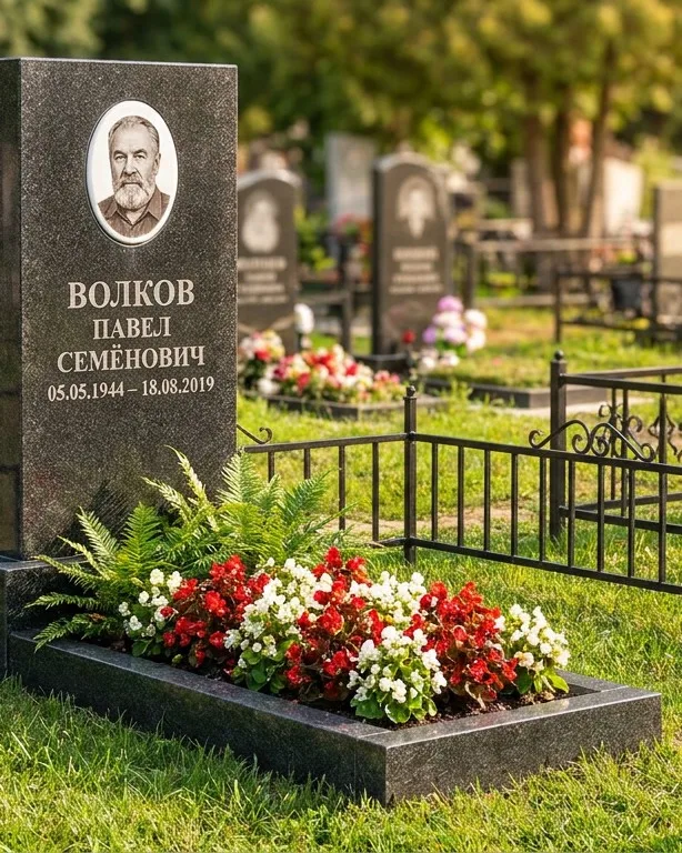 Тёмно-серый памятник под ключ с художественной гравировкой в Пензе