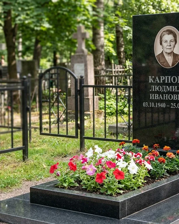 Памятник под ключ с низкой оградой и цветником в Пензе