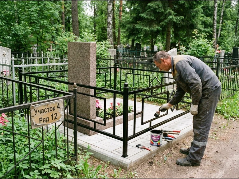 Покраска оградки на кладбище в Пензе — мастер красит металлическую ограду на могиле чёрной эмалью