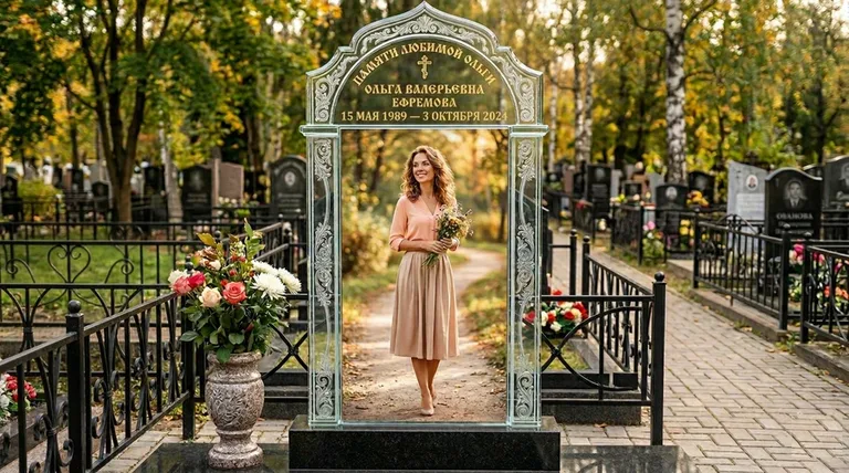Портрет на стекле в форме арки на памятнике в Пензе