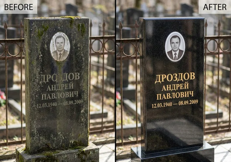 Чистка и полировка гранитного памятника: до и после в Пензе