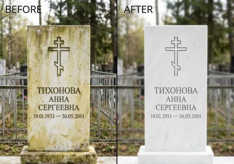 Восстановление мраморного надгробия от желтизны: до и после в Пензе