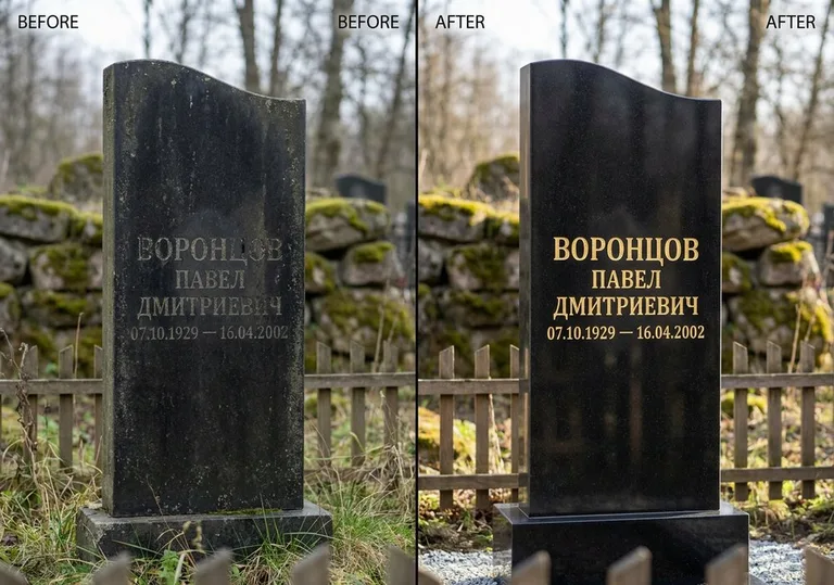 Золочение и обновление надписей на памятнике: до и после в Пензе