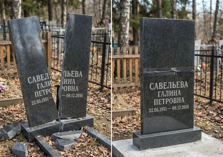 Склейка расколотого гранитного памятника: до и после в Пензе