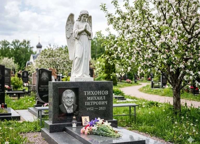 Мраморный молящийся ангел на гранитном памятнике весной в Пензе