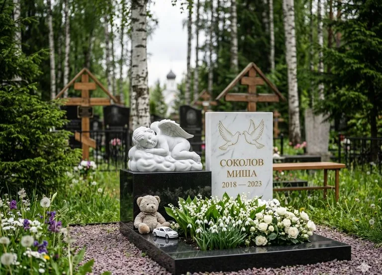 Белый ангелочек на детском памятнике в Пензе