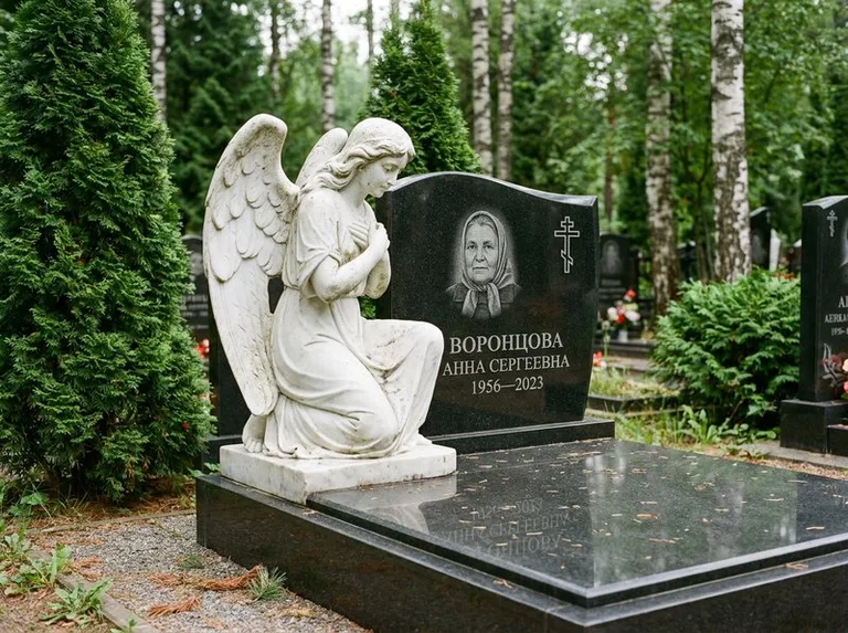 Белый мраморный ангел на гранитном памятнике в Пензе