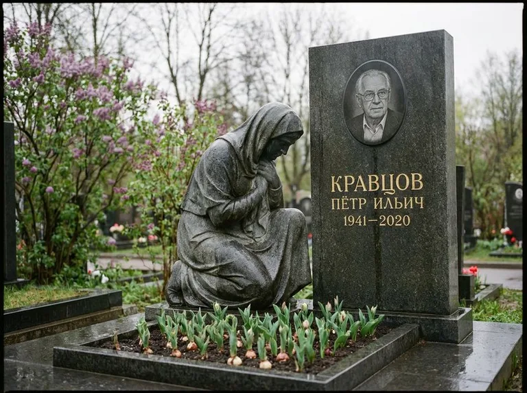 Гранитная скорбящая фигура у стелы на кладбище в Пензе