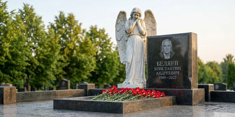 Скульптура на памятник в Пензе — мраморный ангел на гранитном мемориале