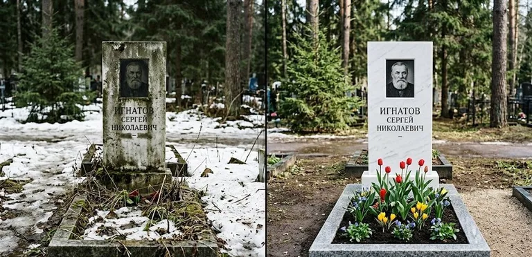 Диптих №6: высадка хризантем у подножия серого гранита — до и после уборки в Пензе